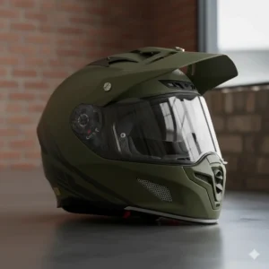Dual-sport adventure motorcycle helmet with a sun peak, retailing for less than £150 in UK shops.