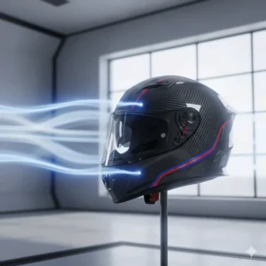 A professional illustration showing aerodynamic airflow over a lightweight helmet to demonstrate how it reduces neck strain at motorway speeds.