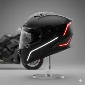 A sleek, low-profile helmet light kit designed to maintain the aerodynamics of a sports bike helmet.