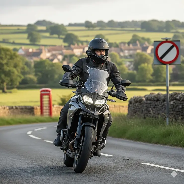 A motorcyclist wearing a premium full-face motorcycle helmet with integrated speakers riding through the British countryside. motorcycle helmets with speakers