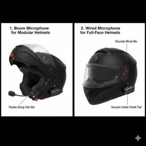 Comparison between a boom microphone for modular helmets and a wired microphone for full-face motorcycle helmets.