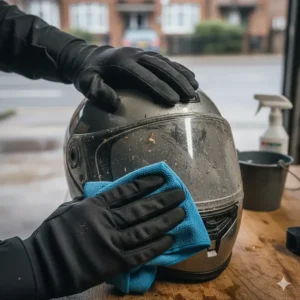 A person using a microfibre cloth to clean a motorcycle helmet visor, removing road salt and insects after a UK winter ride.