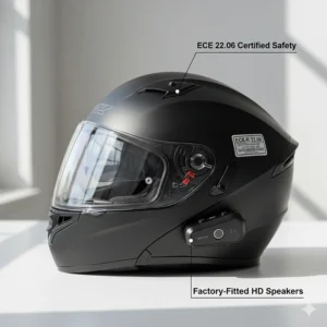 An illustration highlighting the ECE 22.06 safety sticker on a motorcycle helmet with factory-fitted speakers.