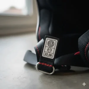 Close-up of the ECE 22.06 safety certification label on a budget-friendly motorcycle helmet.