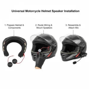 Step-by-step guide showing how to install a universal speaker kit into a standard UK motorbike helmet.
