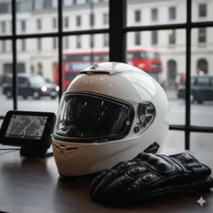A detailed shot of premium full-face motorcycle helmets featuring anti-fog visors and British-standard safety certification.