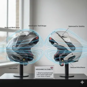 An illustration depicting airflow over the helmet shells to highlight stability and reduced wind noise for UK motorway touring.