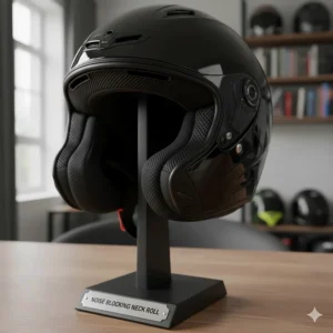 Close-up of a thick, padded neck roll on a full-face motorcycle lid designed to block wind noise and draughts.