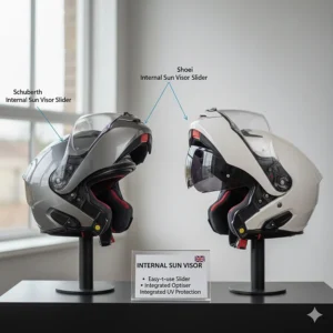 Close-up of the slider mechanisms used to operate the internal drop-down sun visors on both flip-front helmets.