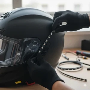 Close-up of a flexible LED light strip being attached to the side of a full-face motorbike helmet.