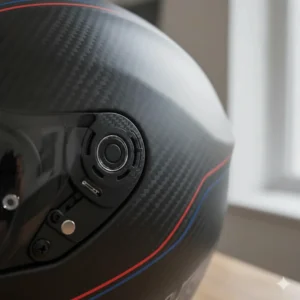 A detailed close-up showing the high-quality weave of a lightweight carbon fibre motorbike helmet shell for enhanced strength and reduced weight.