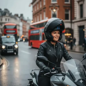 A motorcyclist wearing a lightweight helmet while commuting through a busy UK city street, highlighting urban comfort and agility.