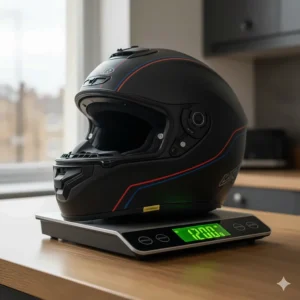 A lightweight full-face motorcycle helmet being weighed on digital scales to demonstrate its low mass and suitability for long-distance touring.