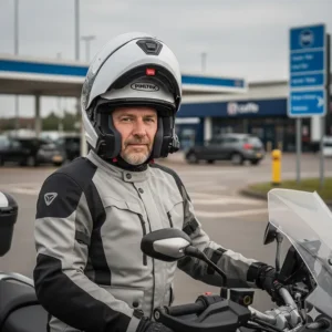 A versatile modular motorcycle helmet displayed alongside riding gloves and a tablet, showcasing modern touring gear for British riders.