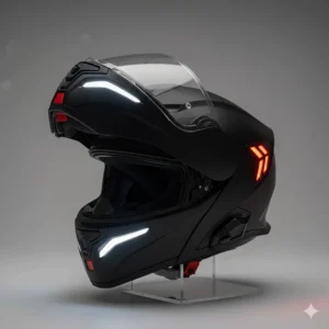 A flip-front modular motorbike helmet featuring built-in white front LEDs and red rear safety lights.