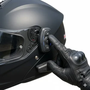 Close-up of a glove-friendly Bluetooth control unit mounted on the side of a motorcycle helmet.