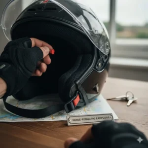 A rider inserting filtered earplugs for extra hearing protection before putting on a quiet helmet for a long motorway journey.