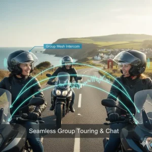 Graphic showing multiple riders connected via a mesh intercom system for group touring in the UK.