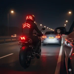 Illustration showing a wireless motorcycle helmet brake light syncing with the bike's rear lights to alert drivers.