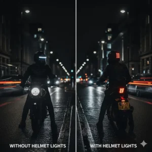 A side-by-side comparison of a rider with and without helmet lighting in low-light urban conditions.