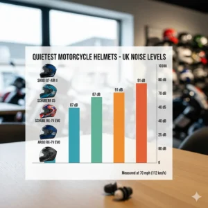 A comparison chart showing decibel levels and noise ratings of the quietest motorcycle helmets sold in UK bike shops.