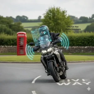 Illustration of a rider receiving turn-by-turn GPS directions through helmet speakers while navigating a UK roundabout.