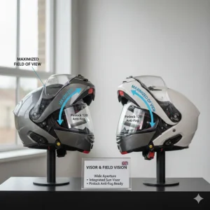 Comparison of the wide visor aperture and Pinlock anti-fog inserts on the Schuberth C5 and Shoei Neotec 3.