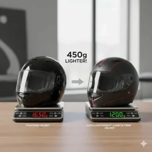 A technical weight comparison diagram showing the difference in grams between a standard polycarbonate helmet and an ultra-lightweight carbon fibre motorcycle helmet.
