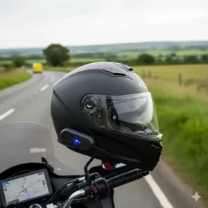 A modern motorcycle helmet featuring integrated Bluetooth communication tech, ideal for hands-free navigation on UK roads.