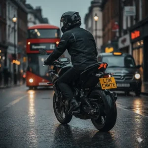 A motorcyclist riding through a rainy London street wearing a quiet helmet for better focus during a city commute.