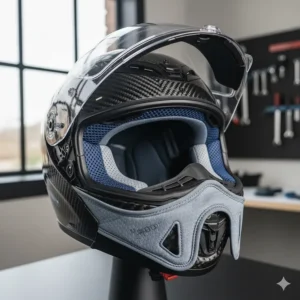 The internal padding and removable moisture-wicking liner of a lightweight motorbike helmet, designed for comfort during British summer rides.