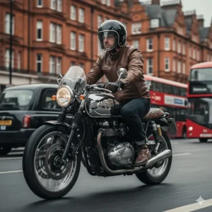 A classic open-face motorbike helmet in a vintage style, worn by a rider on a modern-classic bike in a British city.