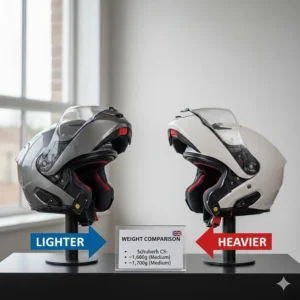 A graphic displaying the weight in grams for the Schuberth C5 and Shoei Neotec 3 across various shell sizes.