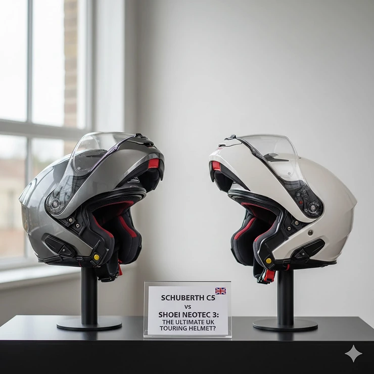 A side-by-side comparison of the Schuberth C5 and Shoei Neotec 3 flip-up motorbike helmets in a studio setting. Schuberth C5 vs Shoei Neotec 3