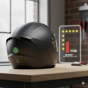 Close-up of high-quality motorbike helmets on a wooden workbench, highlighting safety features and SHARP rating stickers for the UK market.
