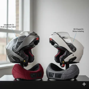 View of the removable, washable interior comfort linings and cheek pads of both premium modular helmets.
