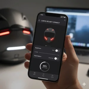 A mobile app interface used to customise the flash patterns and brightness of motorcycle helmet lighting systems.