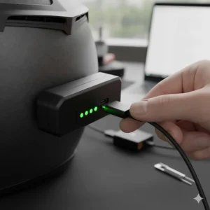 Illustration of a USB-C charging port on a motorcycle helmet light module with a battery life indicator.