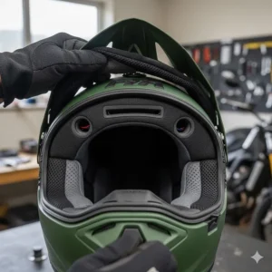 Internal view of an adventure helmet showing dedicated cut-outs for Bluetooth speakers and UK sat-nav systems.