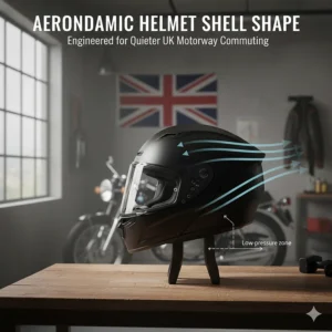 Side profile of a sleek, aerodynamic helmet shell designed to minimise wind buffeting and road noise at motorway speeds.