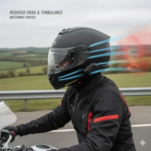 Illustration showing airflow over a helmet to reduce neck strain and wind buffeting at motorway speeds.