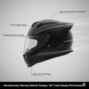 Profile view of a sleek racing helmet showing aerodynamic spoilers designed for high-speed stability on track.
