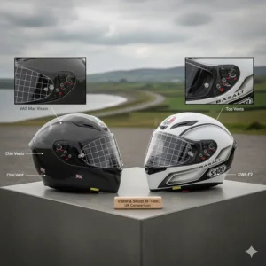 Comparison of the peripheral vision and visor locking mechanisms on AGV and Shoei helmets.