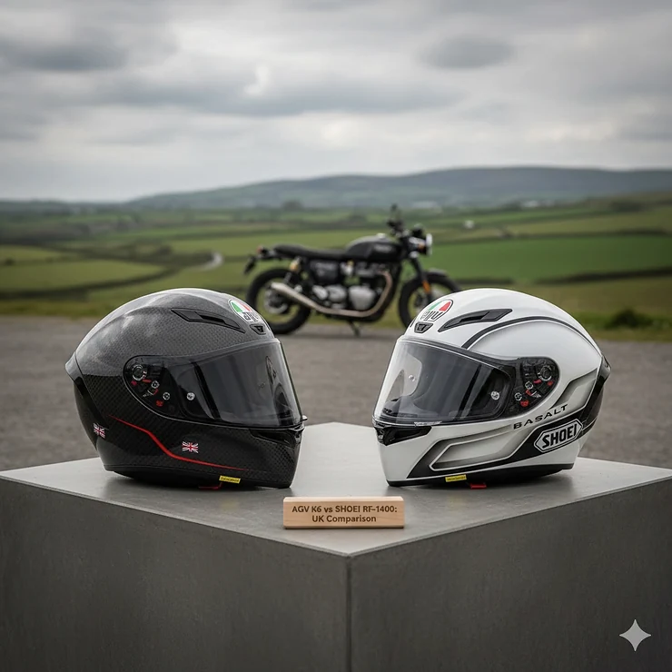 Side-by-side comparison of the AGV K6 and Shoei RF-1400 full-face motorcycle helmets in a studio setting. AGV K6 vs Shoei RF-1400 comparison