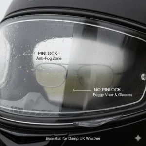 Illustration of a helmet visor with a Pinlock anti-fog insert to prevent glasses steaming up during damp UK weather.