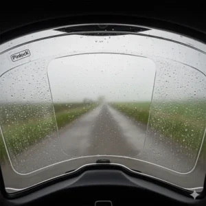 View of a helmet visor with a Pinlock insert fitted to prevent fogging during damp UK weather conditions.