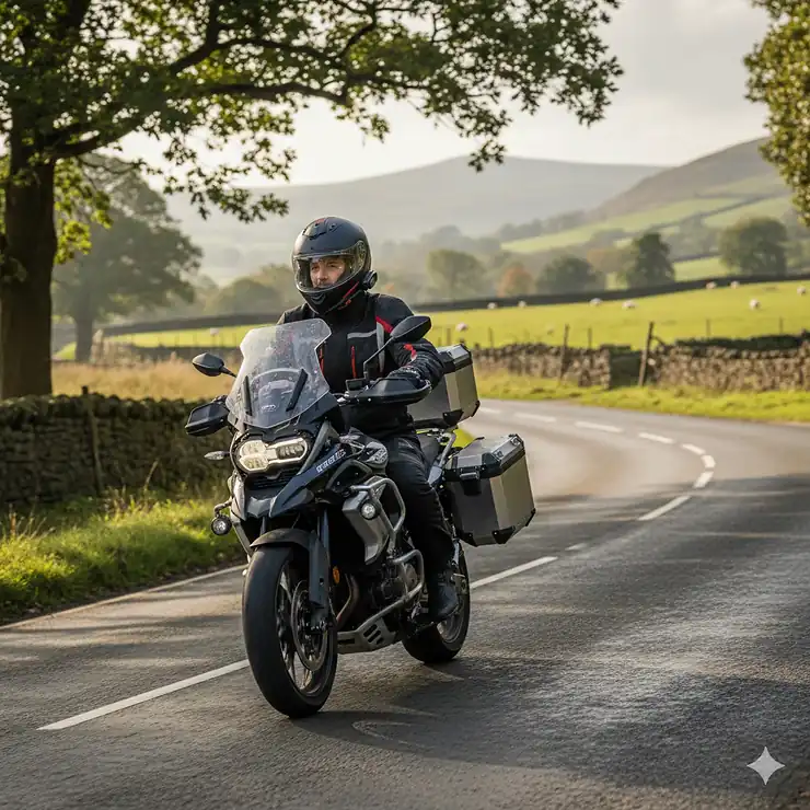 A motorcyclist wearing a comfortable helmet for long distance riding while touring the Peak District on a touring bike. comfortable helmet for long distance
