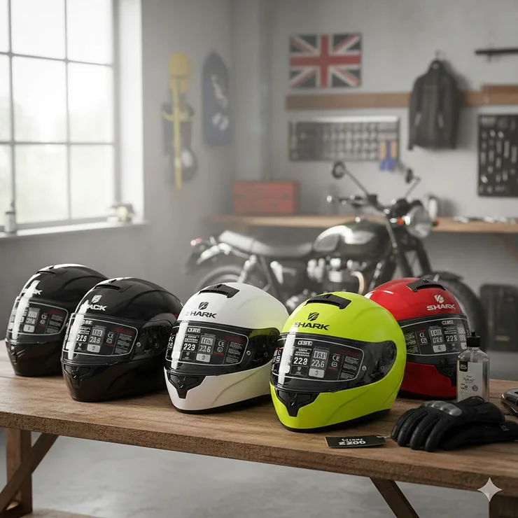A selection of high-quality full face motorbike helmets under £200 displayed on a wooden workbench in a British garage, featuring various colours and modern safety stickers. full face helmets under £200