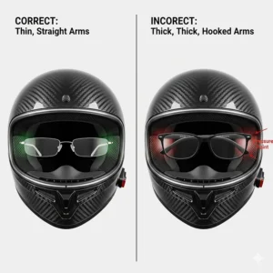 Comparison of different spectacle frame styles, highlighting that thin, straight arms work best under a motorcycle lid.