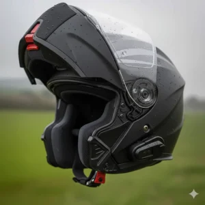 A flip-front modular motorcycle helmet in a matte finish, ideal for long-distance touring in British weather.